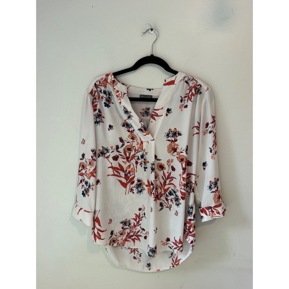 Van Heusen Women White Floral V-Neck 3/4 Sleeve Blouse Top M